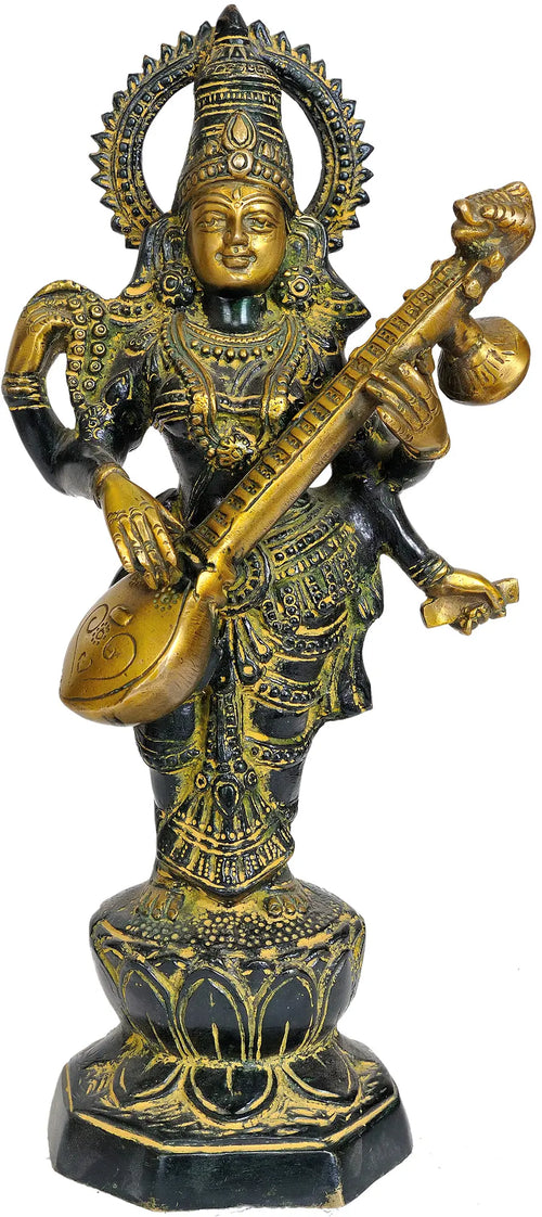 13" Handmade Saraswati Playing Veena Brass Statue