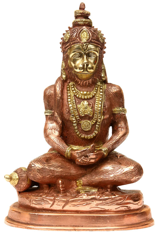 7" Handmade Brass Meditating Hanuman Statue for Pooja and Home Decor