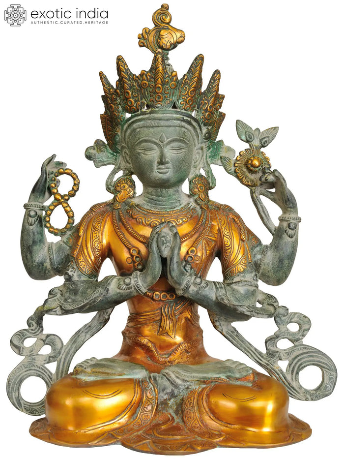 15" Handmade Chenrezig Brass Statue for Meditation and Pooja