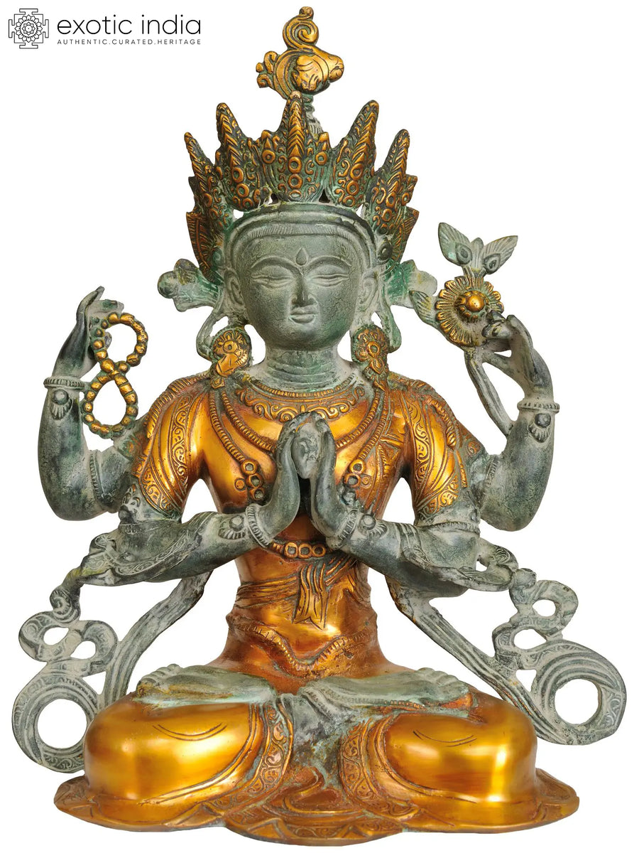 15" Handmade Chenrezig Brass Statue for Meditation and Pooja
