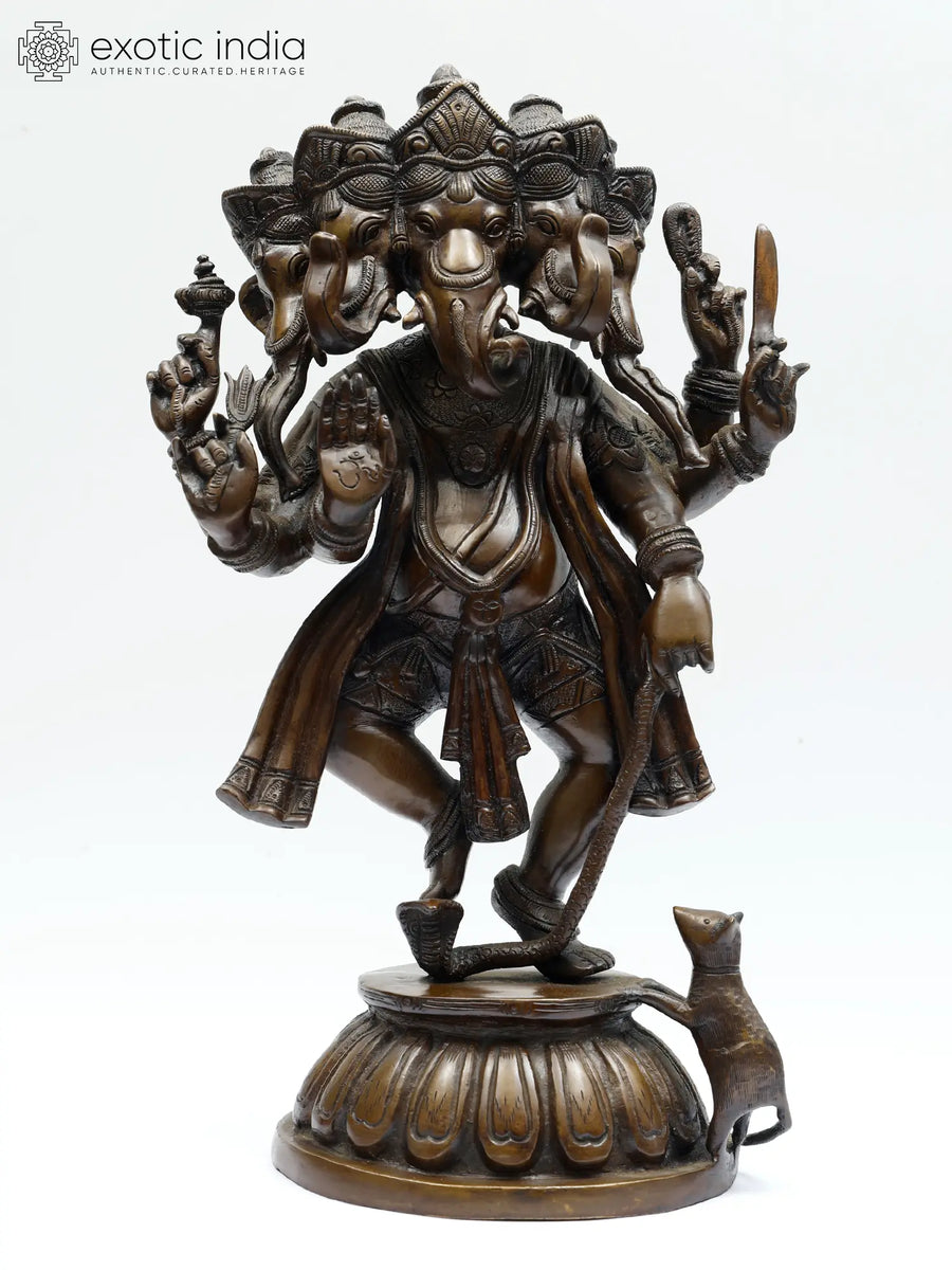 15" Handmade Panchamukha Ganesha Dancing Brass Statue