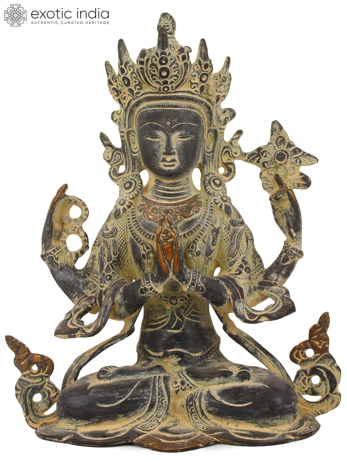 10" Four-armed Avalokiteshvara, Chenrezig In Tibetan In Brass | Handmade | Made In India