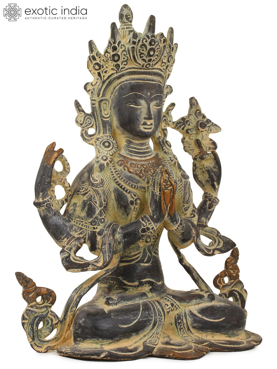 10" Four-Armed Avalokiteshvara Brass Statue Handmade