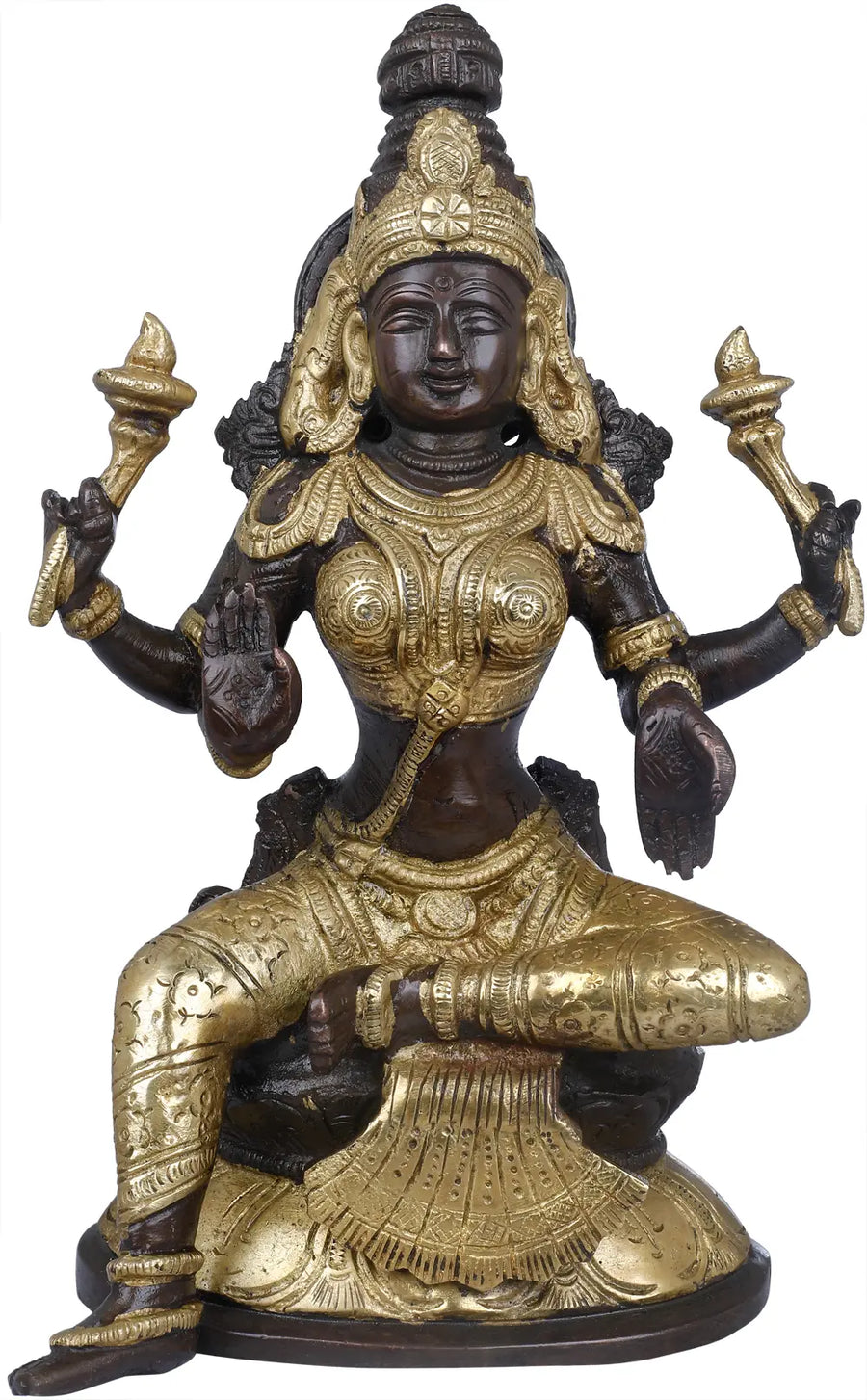 8" Four Armed Lakshmi Brass Idol Handmade Seated in Lalitasana