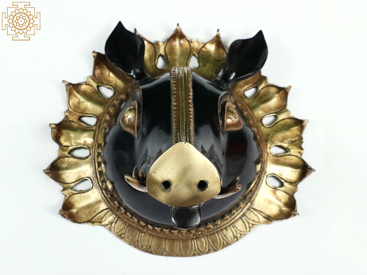 9" Lord Varaha Mask Glimmering With Life In Brass
