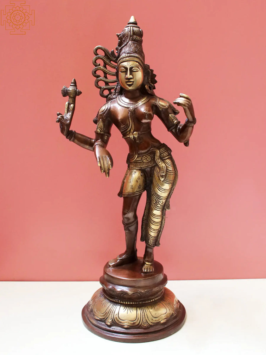 16" Ardhanarishvara Brass Statue - Handmade Shiva-Shakti Idol for Pooja