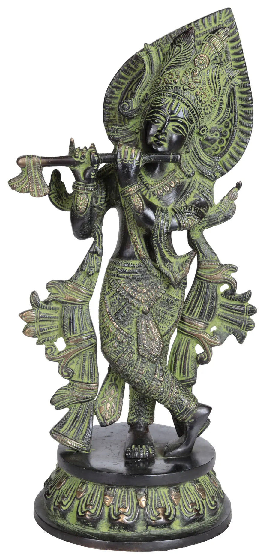 13" Krishna Playing Flute Brass Statue with Crown and Sashes Handmade