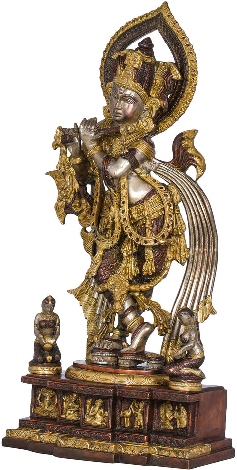 25" Gopis At Krishna's Feet, His Baal-lila On The Pedestal In Brass | Handmade | Made In India