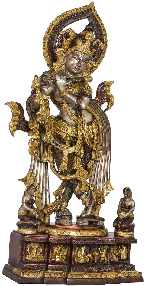 25" Gopis At Krishna's Feet, His Baal-lila On The Pedestal In Brass | Handmade | Made In India