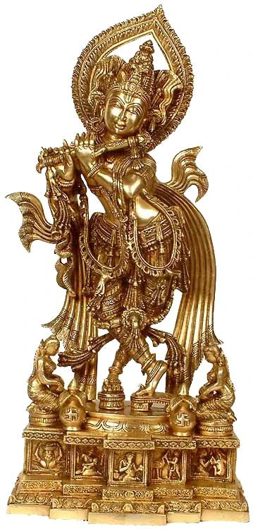 25" Gopis At Krishna's Feet, His Baal-lila On The Pedestal In Brass | Handmade | Made In India