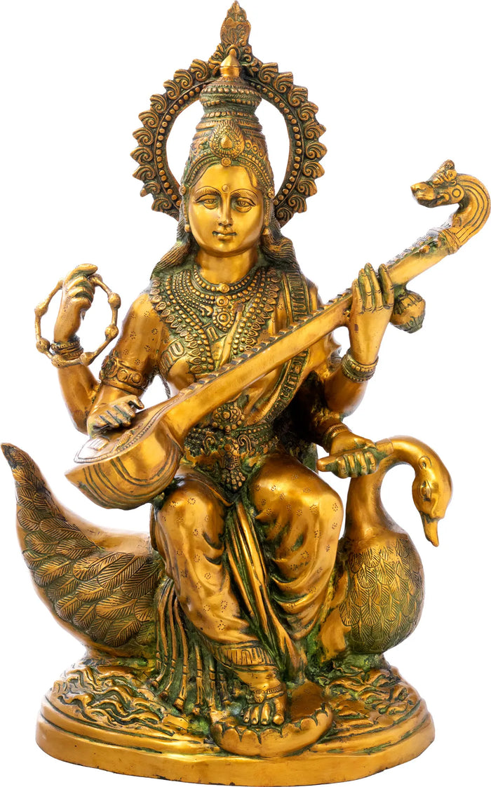 28" Seated Devi Saraswati Handmade Brass Statue on Pedestal