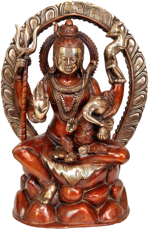 12" Seated Shiva with Baby Ganesha Brass Statue Handmade