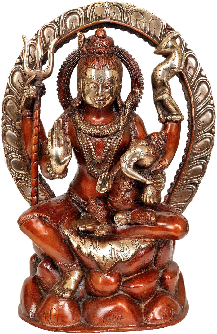 12" Seated Shiva with Baby Ganesha Brass Statue Handmade