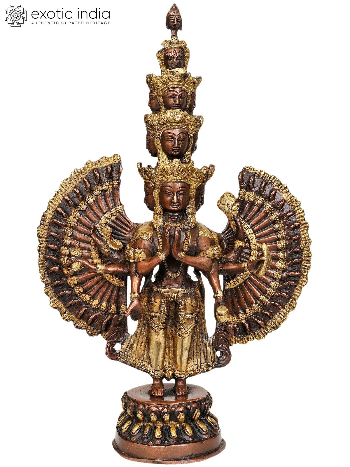 14" The Eleven Heads, The Thousand Arms of Avalokiteshvara Brass Statue | Handmade | Made in India