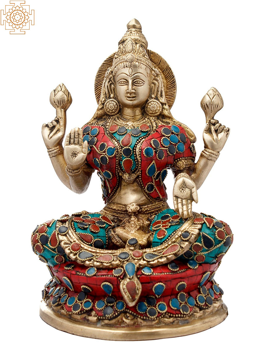 9" Handmade Brass Goddess Lakshmi Seated Idol for Pooja