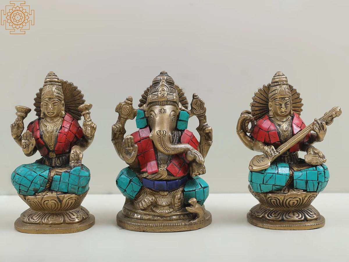 4" Brass Saraswati-Ganesha-Lakshmi, Inlaid Trio Idol