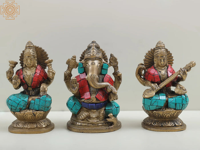 4" Brass Saraswati-Ganesha-Lakshmi, Inlaid Trio Idol