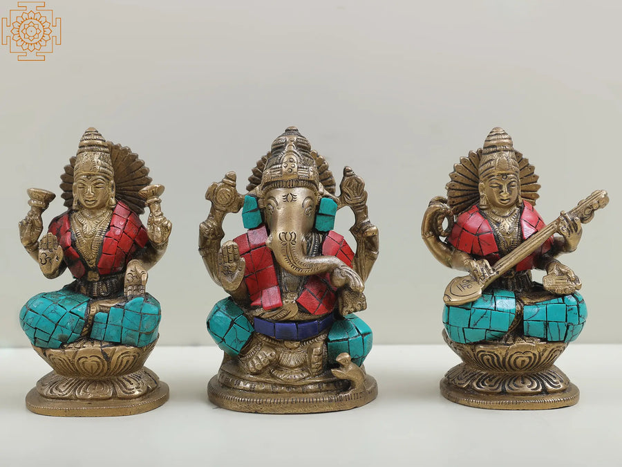 4" Brass Saraswati Ganesha Lakshmi Trinity Idol Handmade