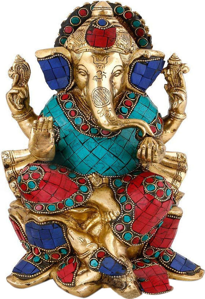 9" Seated Ganesha Brass Idol with Flowing Robes Handmade