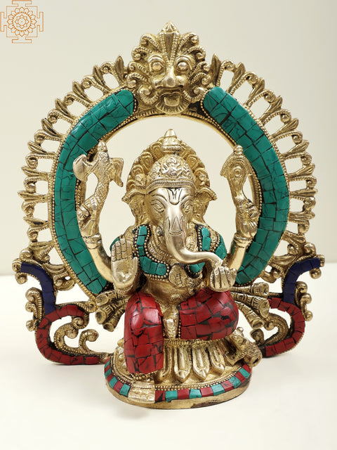 9" Richly Inlaid Ganesha Shrine Brass Sculpture | Handmade | Made in India