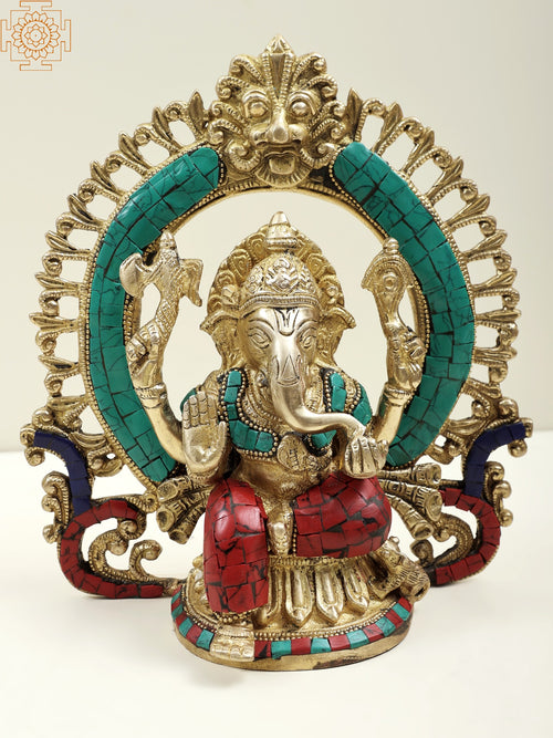 9" Handmade Brass Ganesha Shrine Sculpture with Inlay