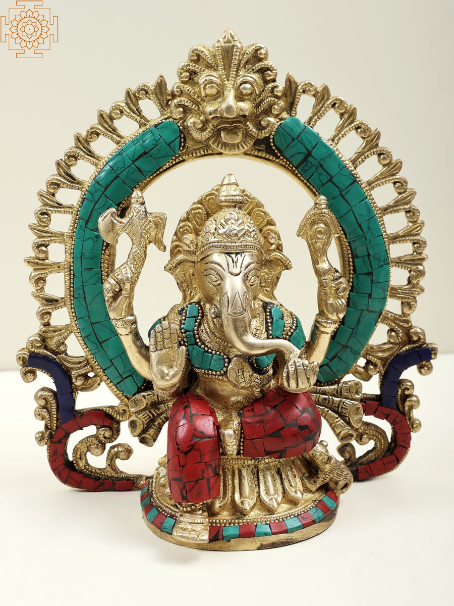 9" Handmade Brass Ganesha Shrine Sculpture with Inlay