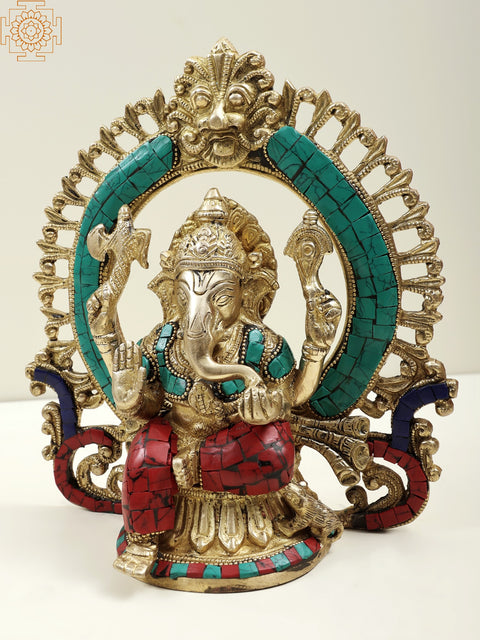 9" Richly Inlaid Ganesha Shrine Brass Sculpture | Handmade | Made in India