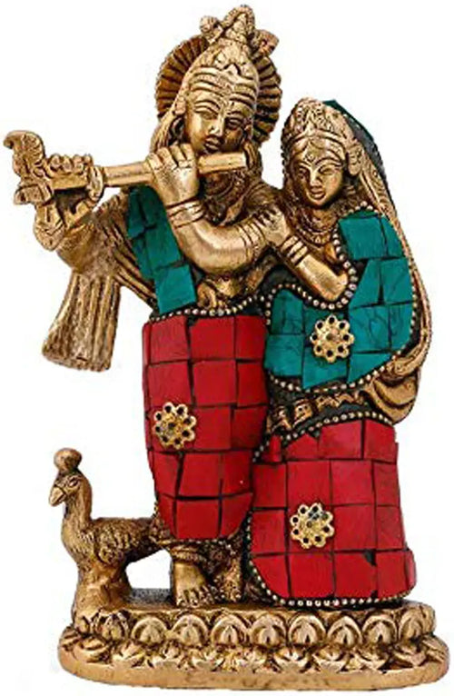 6" Radha Krishna Handmade Brass Statue with Flute