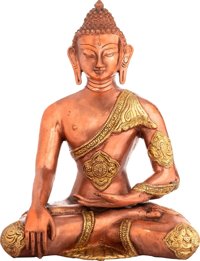 11" Dual-Tone Buddha Brass Statue in Bhumisparsha Mudra Handmade