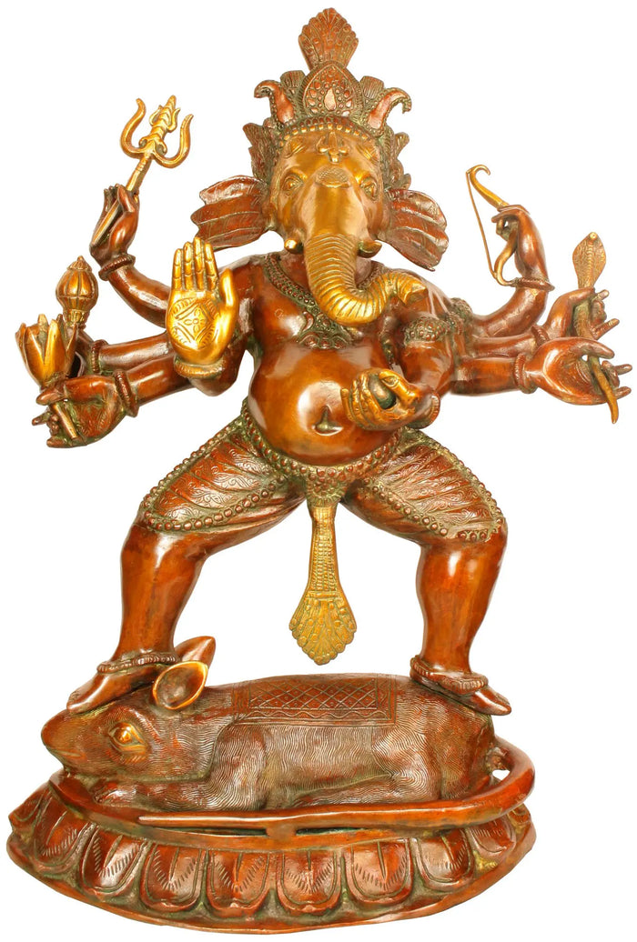 27" Handmade Ashtabhujadhari Yuddha Ganesha Brass Statue