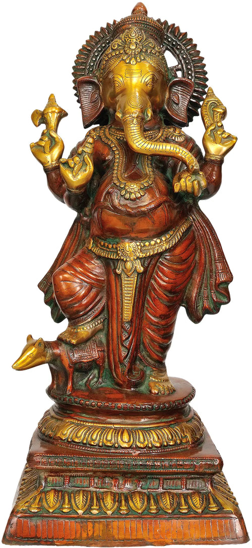 25" Standing Ganesha Brass Statue With Mouse Handmade
