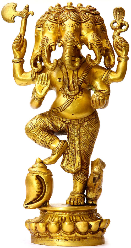 12" Five-Headed Ganesha Brass Statue with Mouse and Conch Handmade
