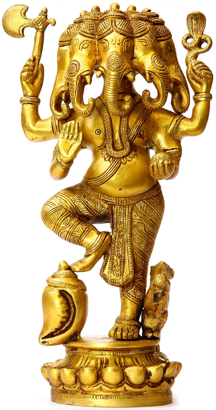 12" Five-Headed Ganesha Brass Statue with Mouse and Conch Handmade