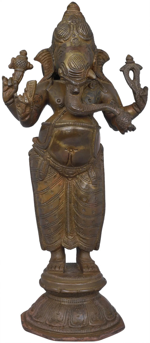 10" Handmade Brass Dhoti-Clad Ekdanta Ganesha Standing Statue