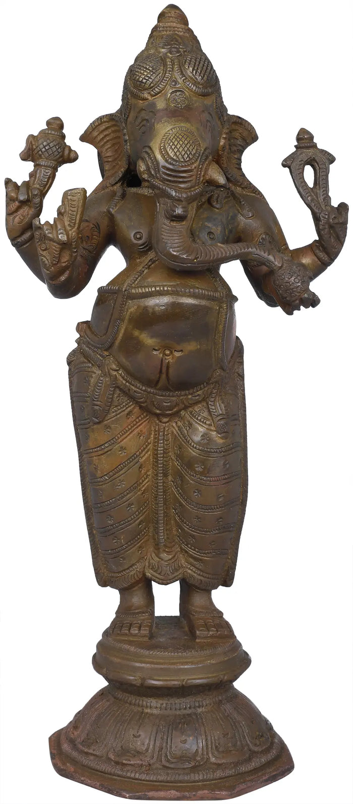 10" Handmade Brass Dhoti-Clad Ekdanta Ganesha Standing Statue