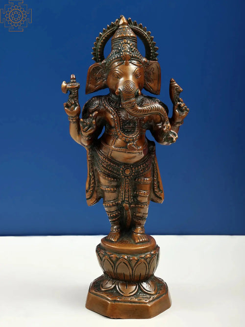 14" Standing Chaturbhuja Ganesha Brass Statue Handmade