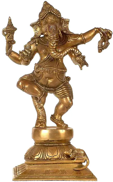 12" Handmade Dancing Ganesha Brass Statue with Goad