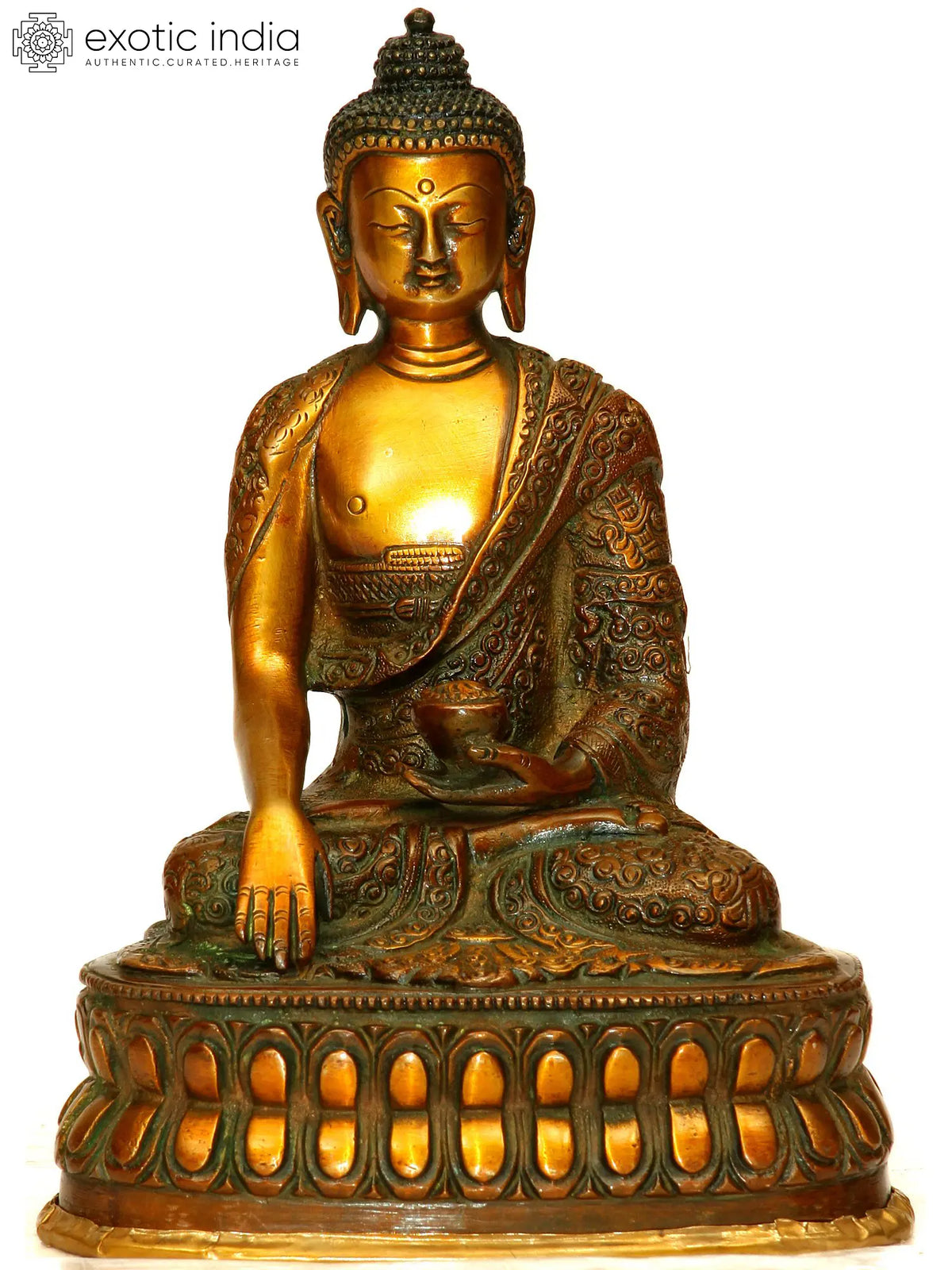 8" Buddha, His Hand In Bhumisparsha Mudra, Auspicious Motifs Carved Into His Robe In Brass | Handmade | Made In India