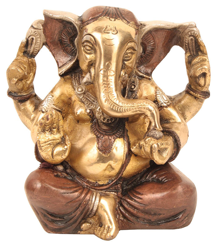 5" Seated Ganesha Brass Statue Handmade
