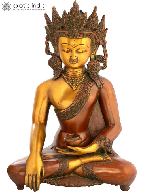14" Handmade Brass Buddha Bhumisparsha Mudra Idol with Crown