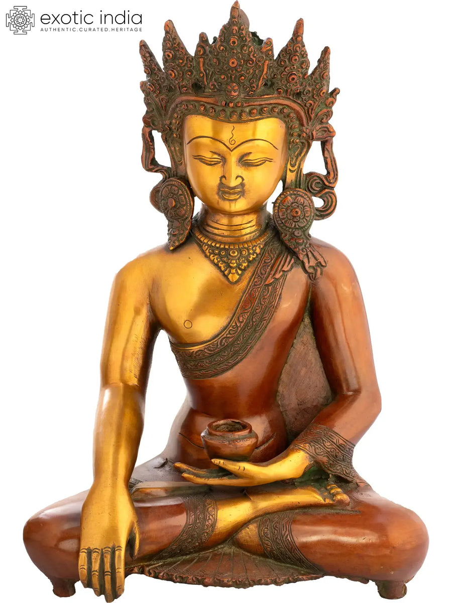 14" Handmade Brass Buddha Bhumisparsha Mudra Idol with Crown