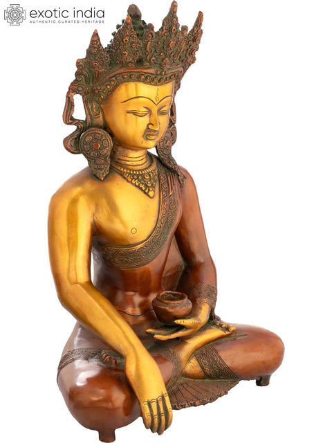 14" Buddha in Bhumisparsha Mudra with Exquisite Crown & Karnaphool | Handmade Brass Idol