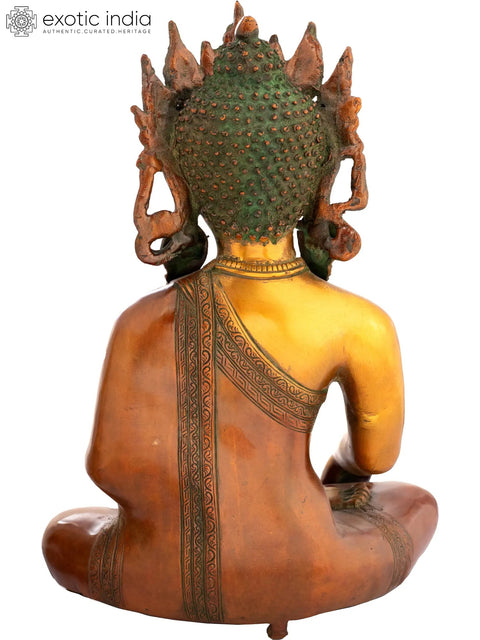 14" Buddha in Bhumisparsha Mudra with Exquisite Crown & Karnaphool | Handmade Brass Idol