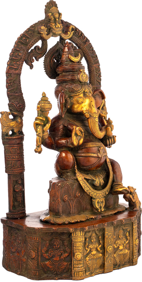19" Ganesha Seated Afore An Elaborate Aureole, Lakshmi Engraved On The Pedestal In Brass | Handmade | Made In India