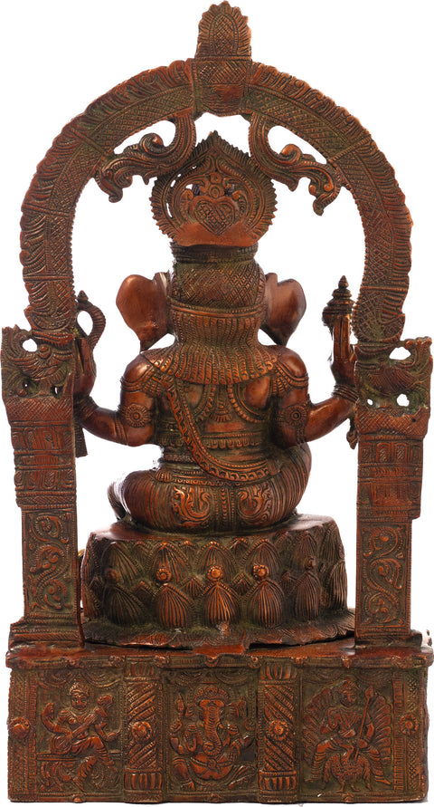 19" Ganesha Seated Afore An Elaborate Aureole, Lakshmi Engraved On The Pedestal In Brass | Handmade | Made In India