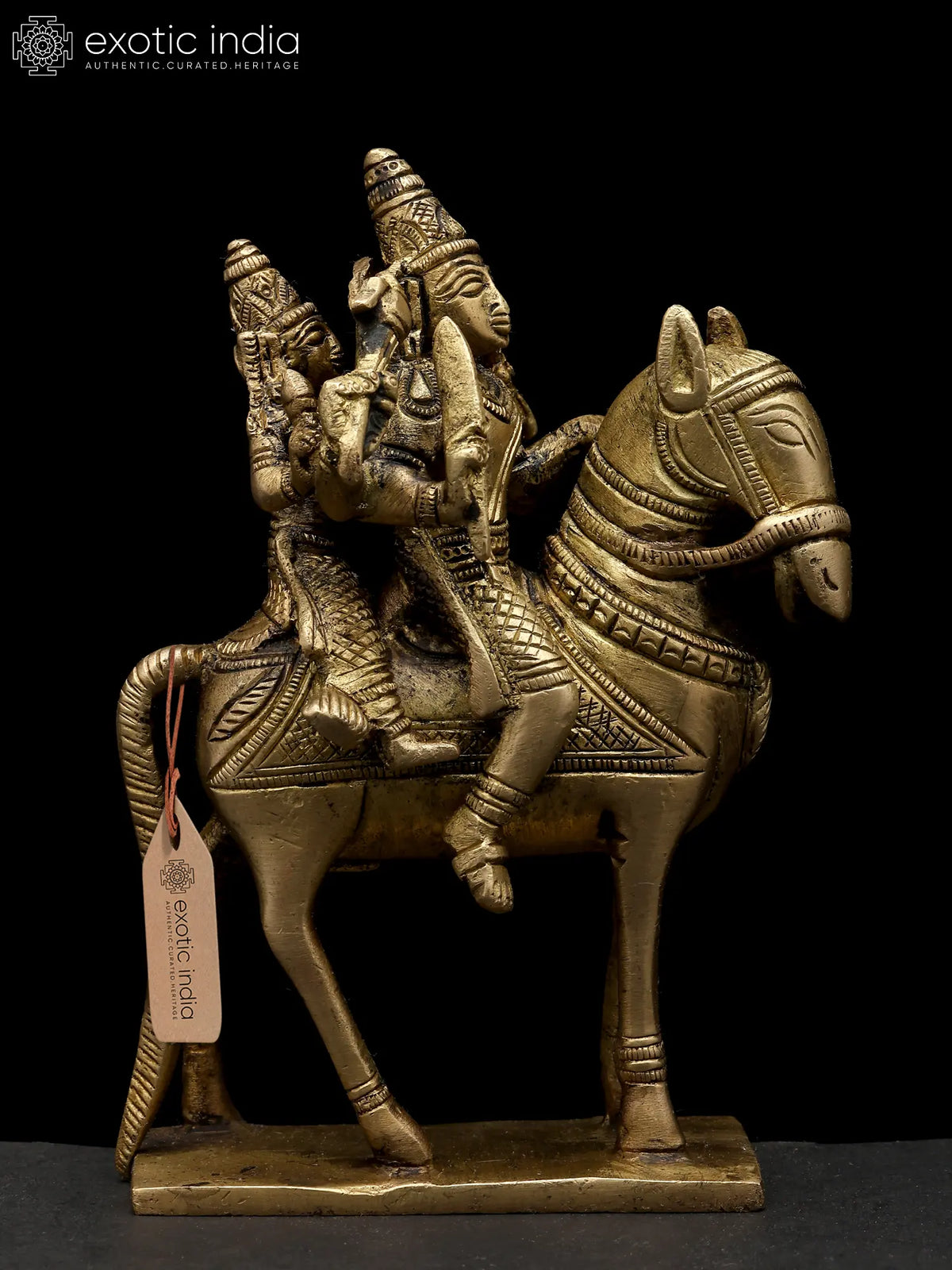 5" Small Shiva-Parvati Astride A Horse | Handmade Brass Idol | Made In India
