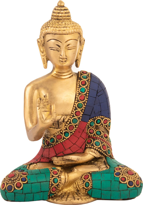6" Handmade Buddha Richly Inlaid Robes Brass Statue