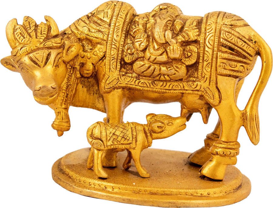 3" Mother Cow Brass Idol with Lakshmi-Ganesha Carving Handmade