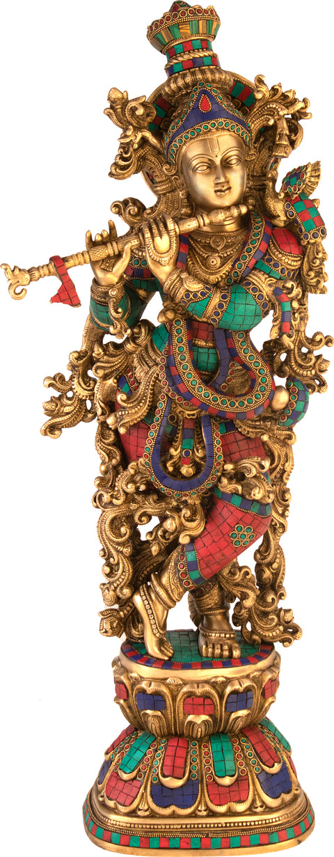 30" Inlay Murli Krishna In Brass | Handmade | Made In India