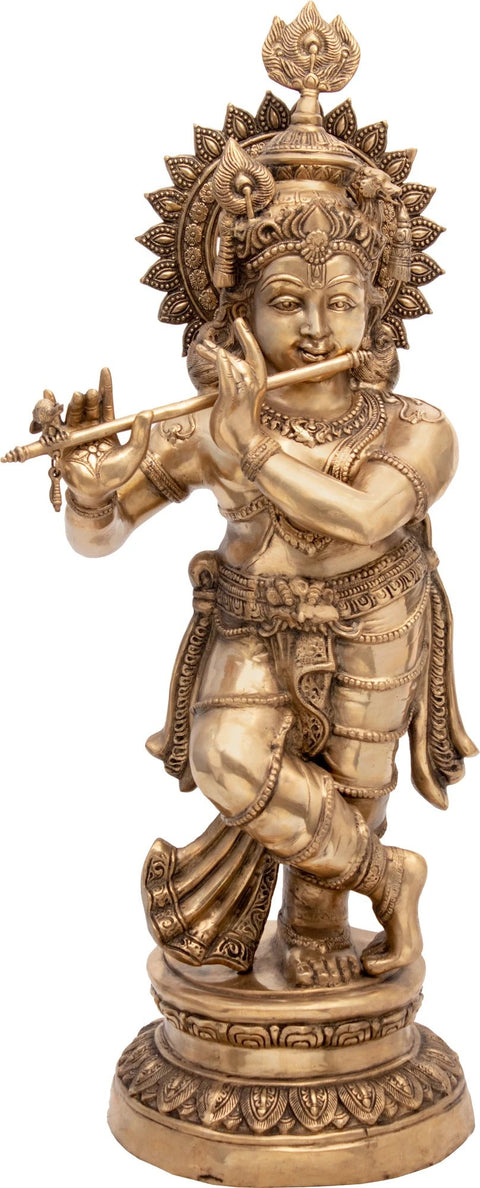 46" Fluting krishna Wearing a Crown with a Peacock Feather In Brass | Handmade | Made In India